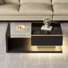 Table d'appoint noire brillante avec verre et effet lumineux