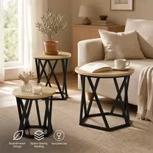 Ensemble de 3 tables basses rondes, bois d'ingénierie en chêne
